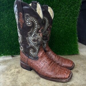 Vintage Ferrini Boots Brown Leather Caiman Croc Print Square Toe Western 9D